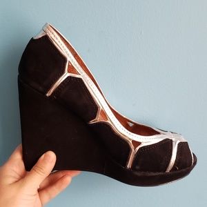No. 704b Black Peeptoe Wedges w/ Silver Trim